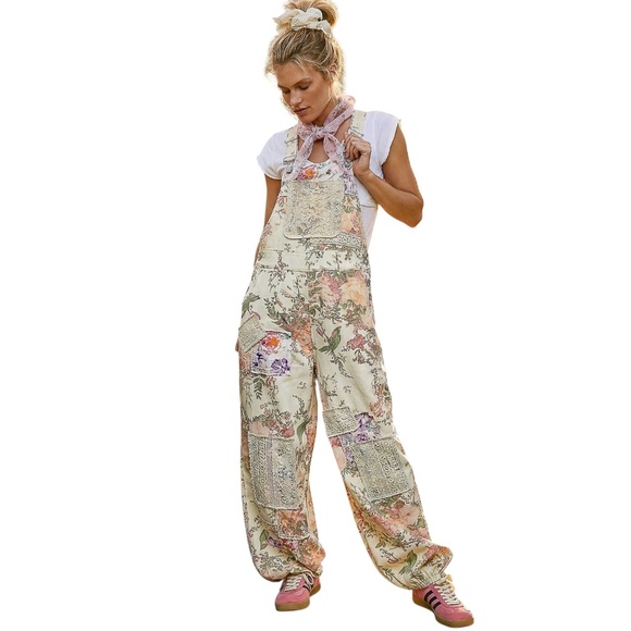 🌺 NEW POL Floral Patchwork Jumpsuit BOHO Romantic Women's Size S M L Overalls
